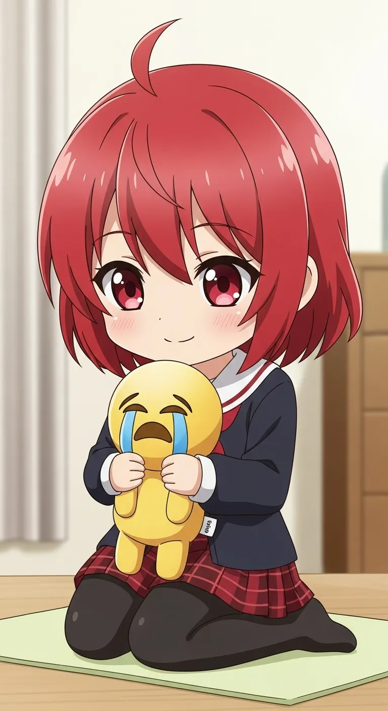 Charming Red-Haired Chibi Girl Embracing Crying Emoji Plushie Charming Red-Haired Chibi Girl Embracing Crying Emoji Plushie