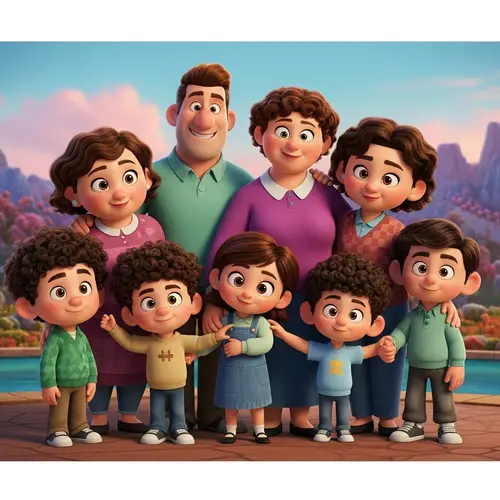 Diverse Pixar-Disney Family Scene: 9 Members, 6 Kids
