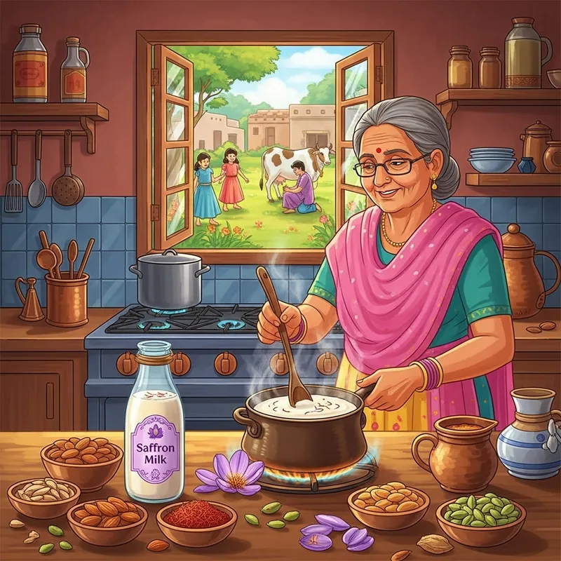 Traditional Indian Kitchen: Colors, Kids Playing, Saffron Milk and Aroma