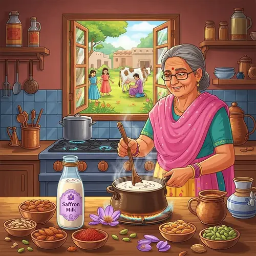 Traditional Indian Kitchen: Colors, Kids Playing, Saffron Milk