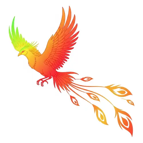 Simplistic Phoenix Design in Mid-Flight - Vibrant Plumage and Fiery Tail