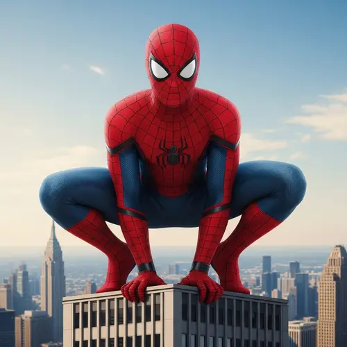 Dynamic Spider Superhero Defending City Skyscraper