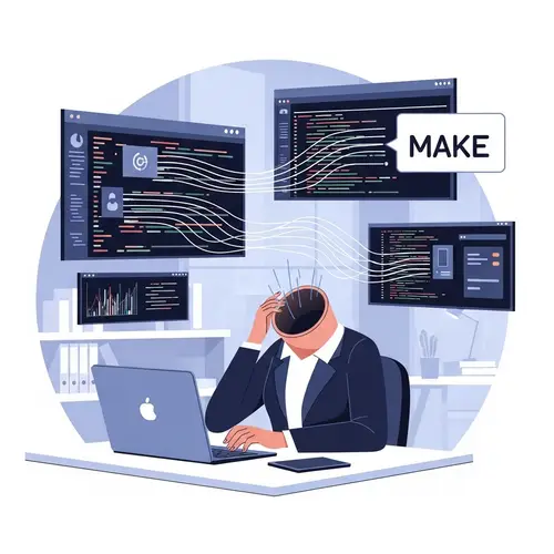 Digital Illustration of Overwhelmed Woman Automation Specialist Using 'MAKE' Tool