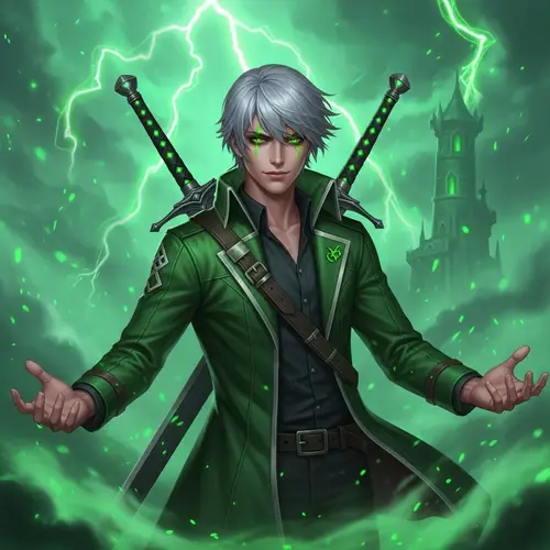 Young Male Necromancer Portrait with Silver Hair & Green Eyes