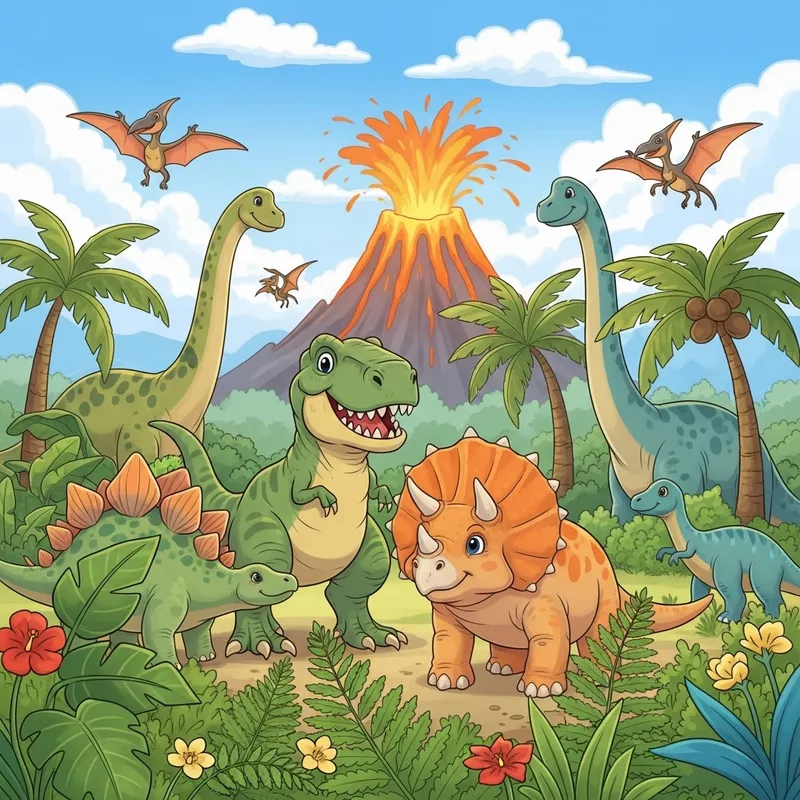 Colorful Dinosaur Cake Illustration: T-Rex, Triceratops, Brachiosaurus