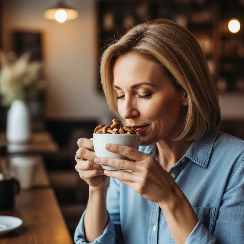 Exquisite Portrait of Middle-Aged Woman Enjoying Mushroom Coffee