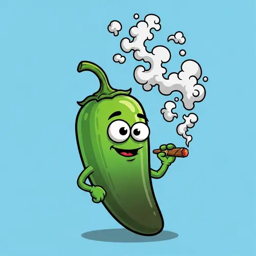 Humorous Jalapeño Cartoon Smoking Cigar - Funny Pepper Art