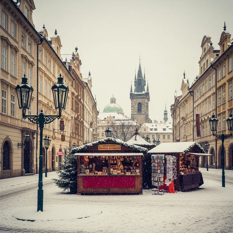 Vintage Snowy Scene: Old Town Prague Christmas Market