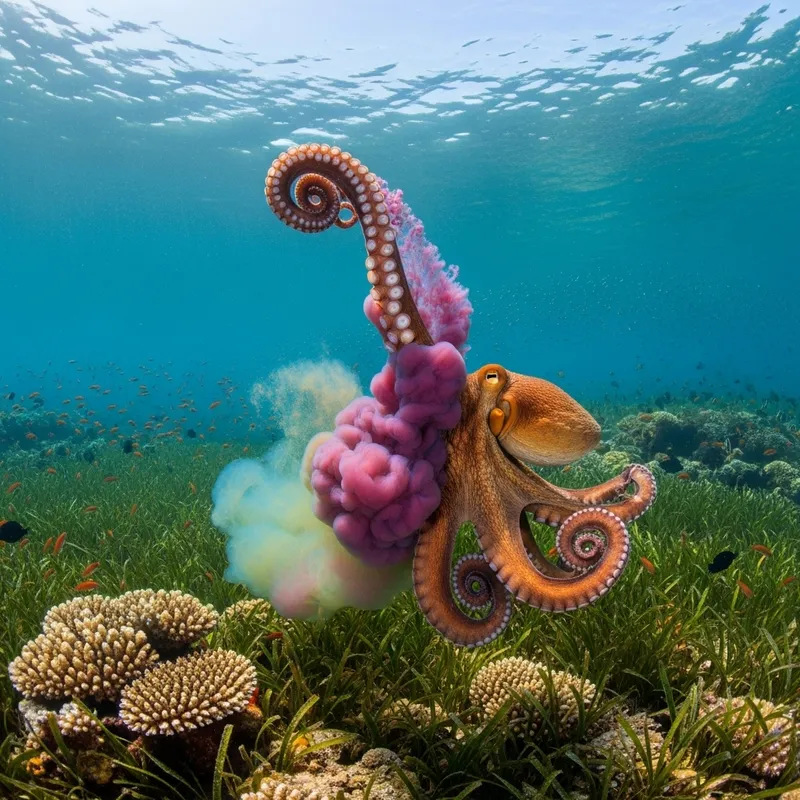 Vibrant Octopus Stunning Ink Display in Tropical Waters Vibrant Octopus Stunning Ink Display in Tropical Waters