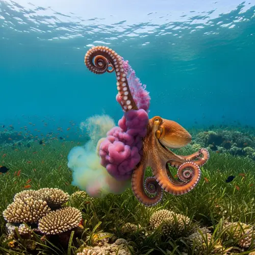 Vibrant Octopus Jetting Colorful Ink in Tropical Underwater Scene