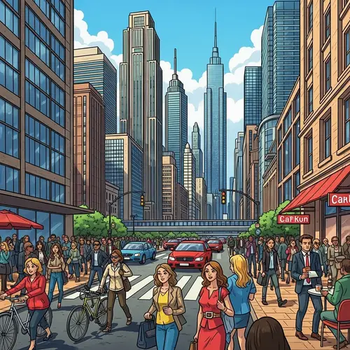 Vibrant Urban Life: Dynamic Cityscape with Skyscrapers & Bustling Streets