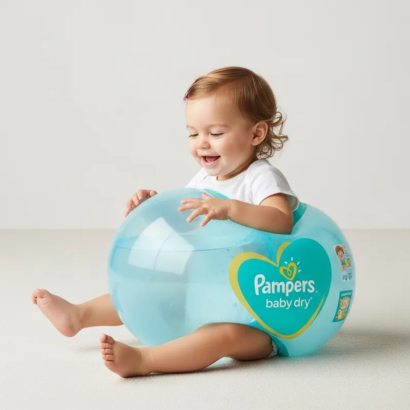 Joyful Toddler Girl in Inflated Pampers Baby Dry Diaper Moment Joyful Toddler Girl in Inflated Pampers Baby Dry Diaper Moment