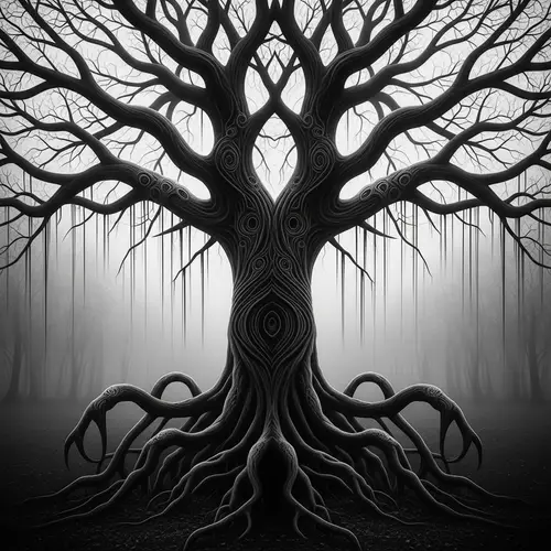 Eldritch Binary Tree: Hauntingly Detailed Black and White Photograph