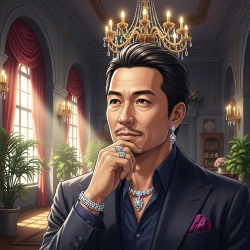 Opulent Asian Male Fashion - Luxurious Setting with High-End Jewelry