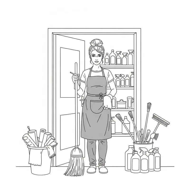 Fine Line Sketch of European Cleaning Lady in Gray Apron