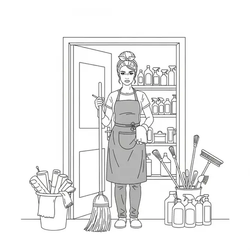 European Cleaning Lady Sketch in Gray Apron | Cleaning Company Scene
