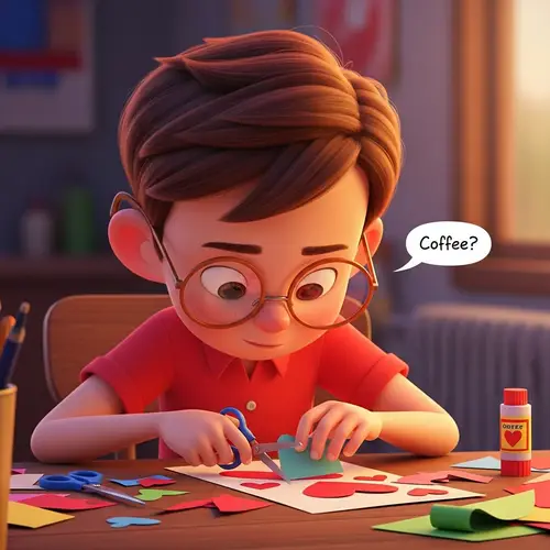 Cartoon Boy Crafting Valentine's Artwork - Cheeky Coffee Message