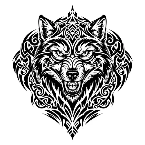 Tribal Wolf Tattoo Design for Men's Chest - Monochromatic Art