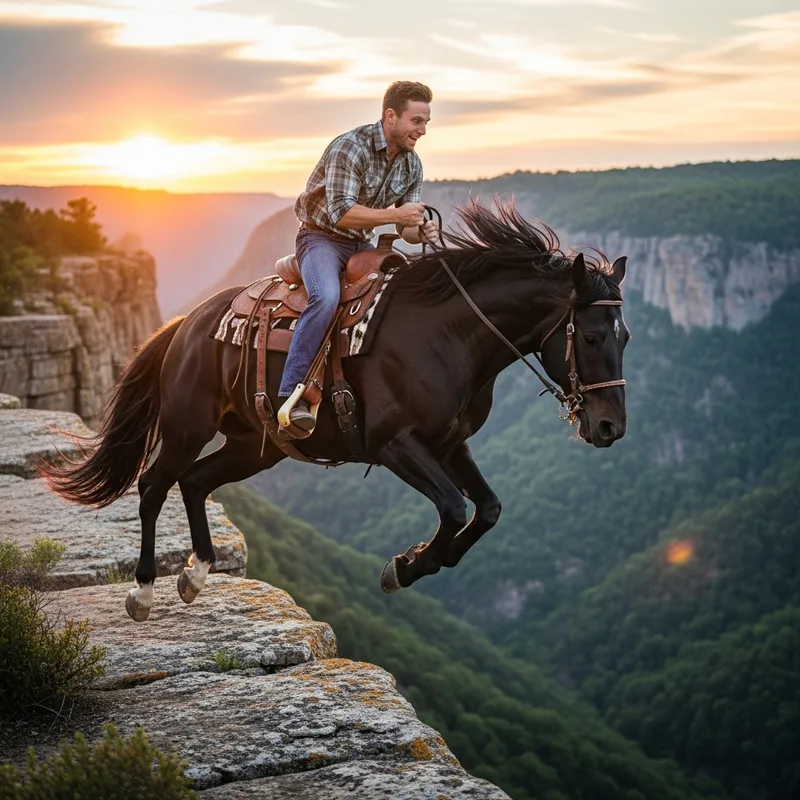 Man Jumping with Mustang Horse Over Canyon