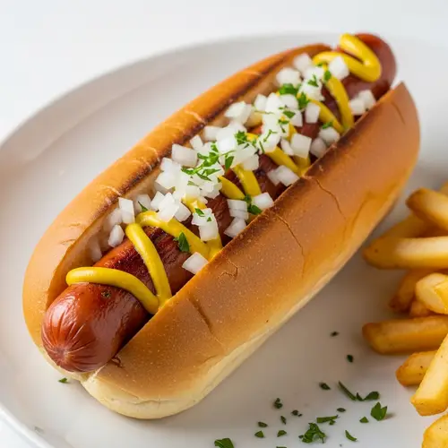 Perfectly Roasted Hot Dog Presentation with Mustard and Onions