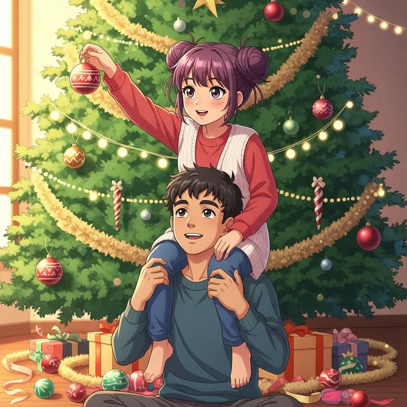 Anime Girl Decorating Christmas Tree on Guy's Shoulders
