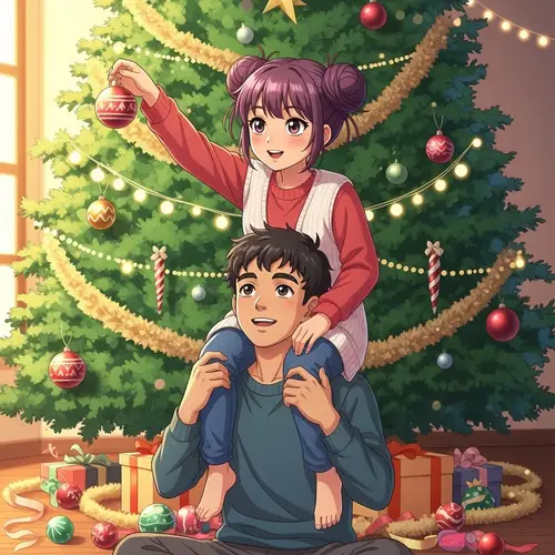 Festive Anime Christmas Scene with Teenage Girl and Young Man