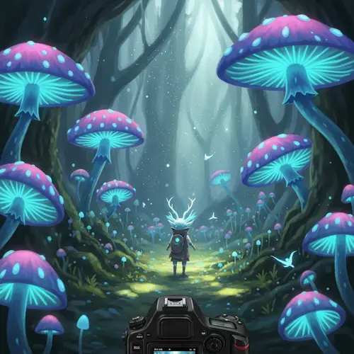 Whimsical Forest Exploration with Enchanting Mushrooms