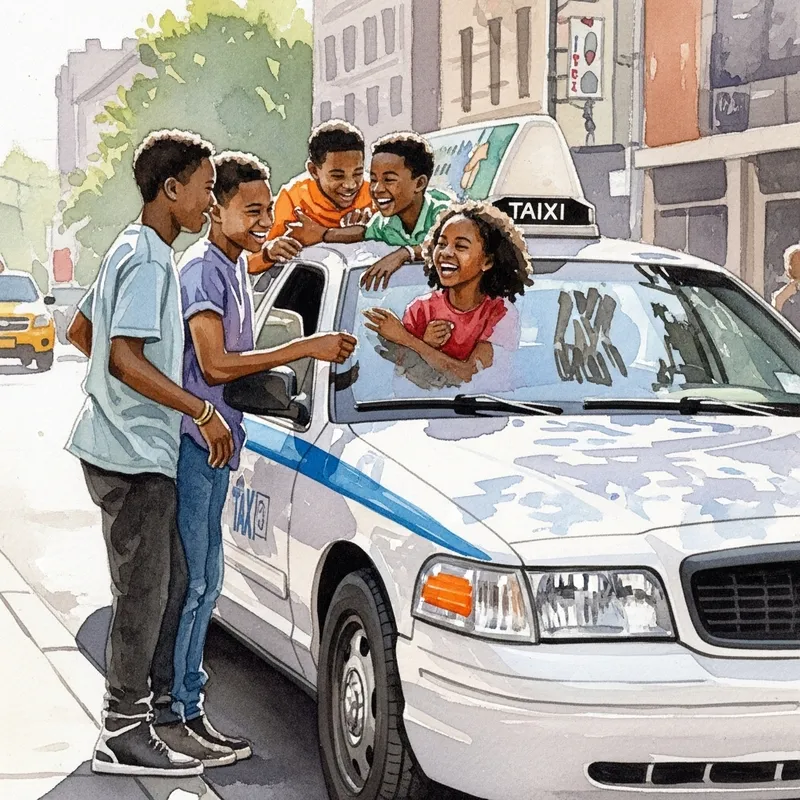 Joyful Black Teenagers by White Taxi Cab - Illustration Painting