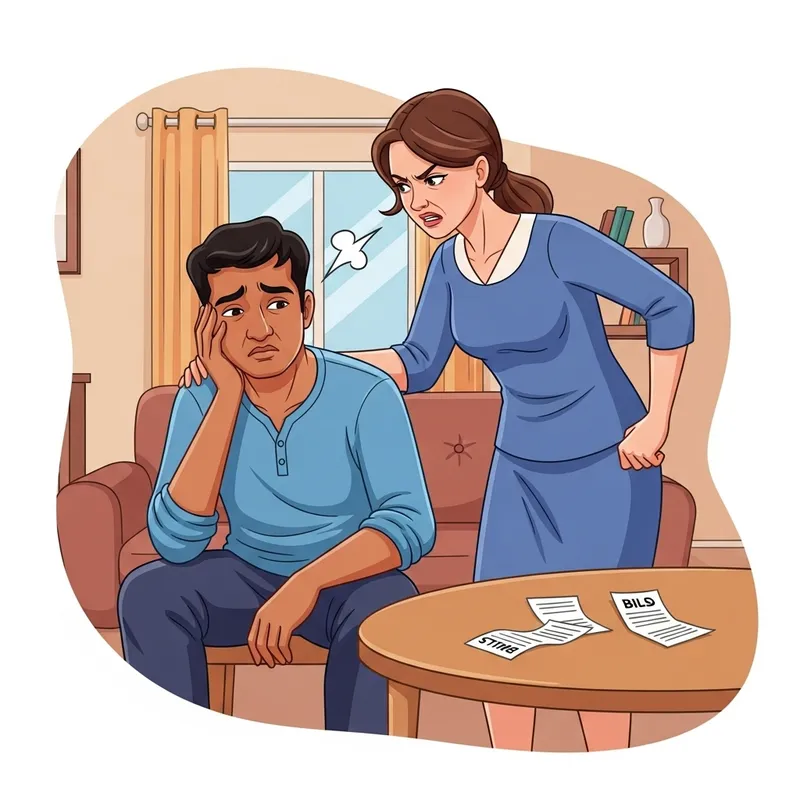 Illustration: Husband Scolded by Wife for Failing Financial Duties