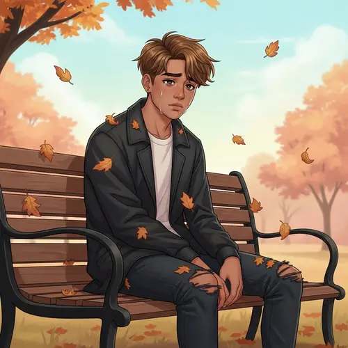 Heartbroken Hispanic Teenage Boy Alone on Park Bench in Autumn