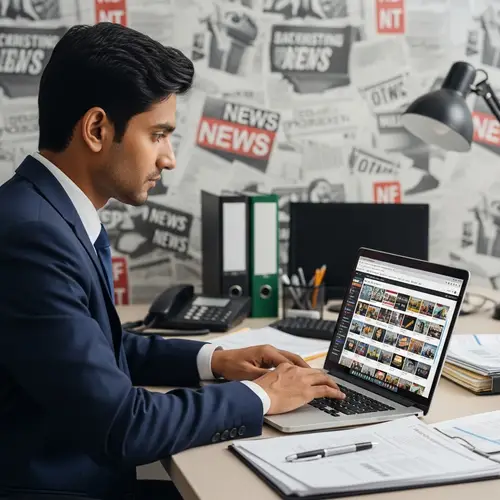 South Asian Businessman in News Office: Engrossed in Work