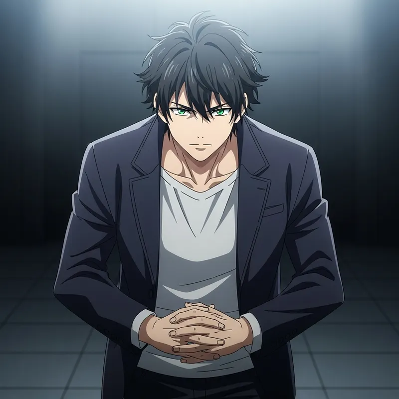 Powerful Male Lead with Dark Hair and Green Eyes