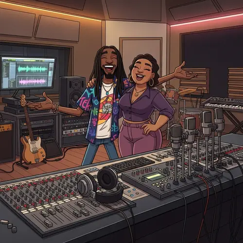 Cartoon Man with Dreadlocks in Recording Studio with Black Girlfriend