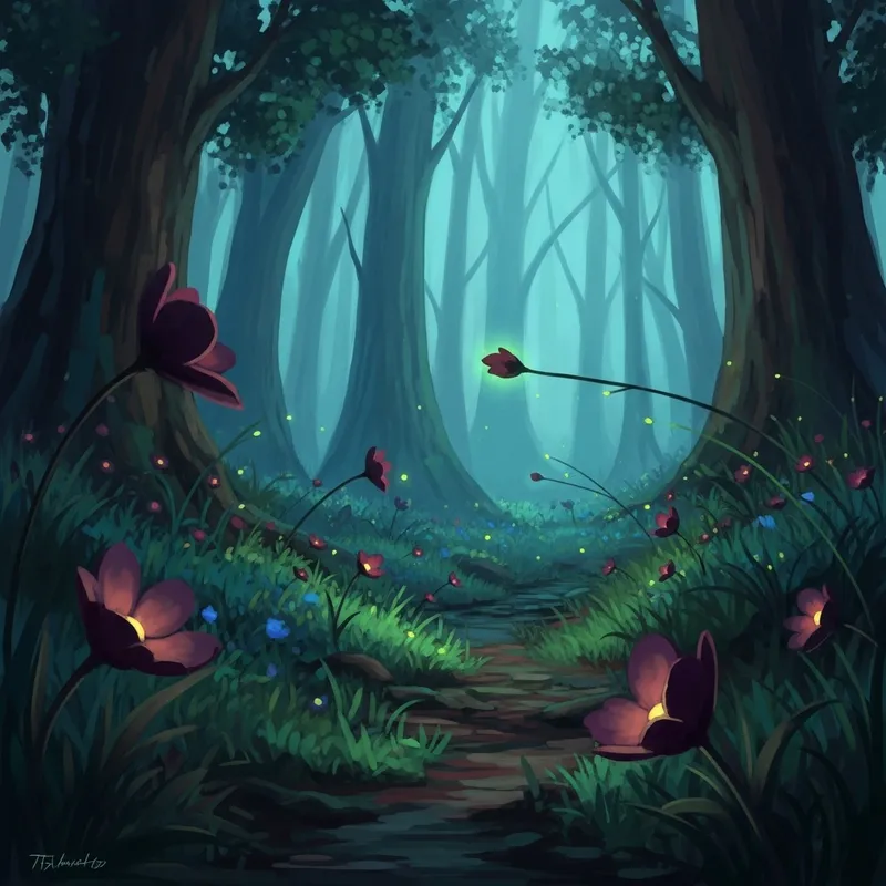 Mystical Forest with Glowing Flowers - Impressionist Style Painting in Digital Medium