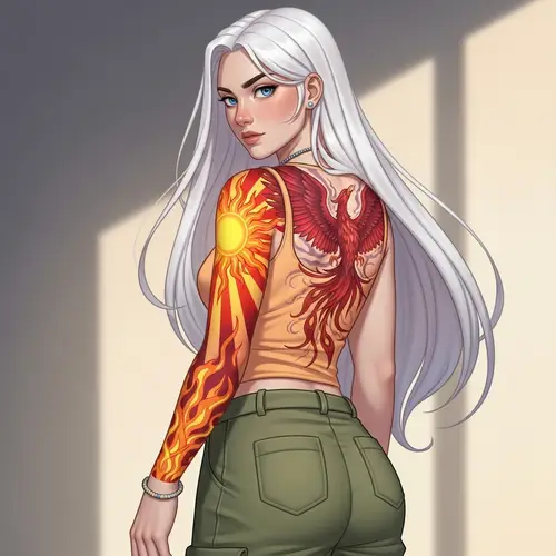 Hispanic Girl with White Hair and Fire-themed Tattoos