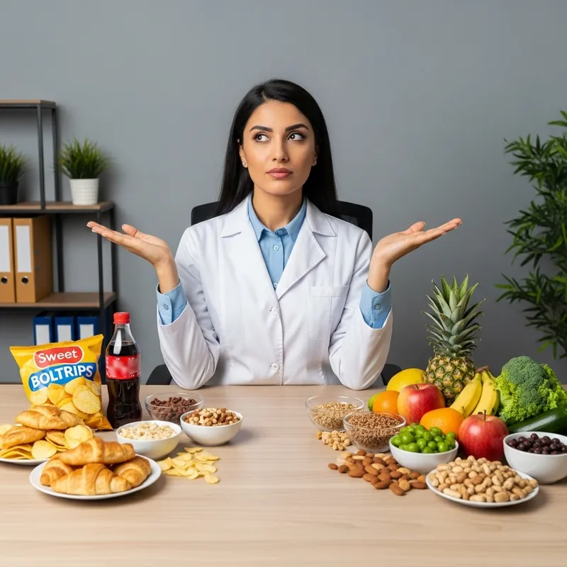 Middle-Eastern Female Nutritionist Choosing Between Fatty and Healthy Foods in Her Office