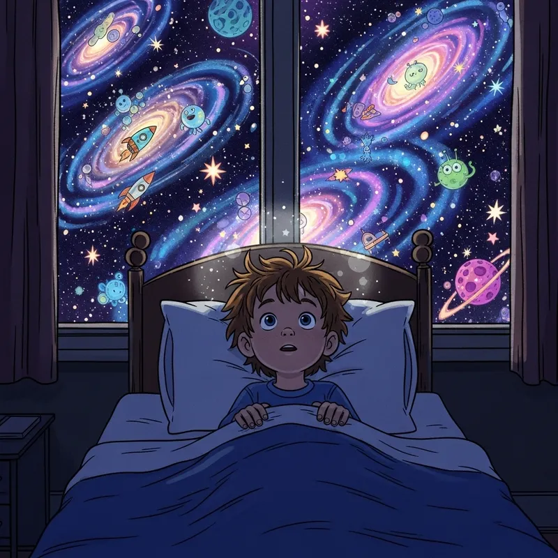 Young Caucasian Boy Alex: Anticipating Adventures Among Distant Galaxies