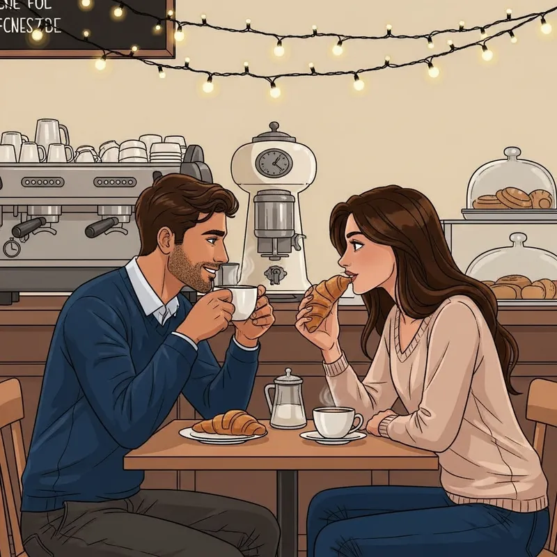 Romantic Café Date: Couple Enjoying Coffee and Croissant