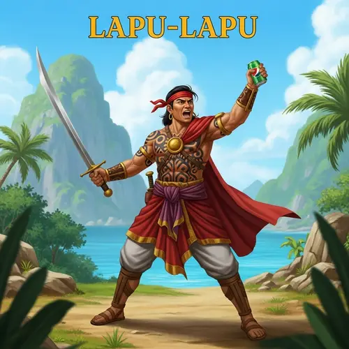 Lapu-Lapu Celebrates Victory with Sword and Soda