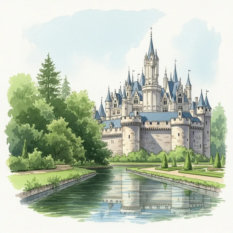 Majestic Castle Watercolor - Tranquil Day Scene Majestic Castle Watercolor - Tranquil Day Scene