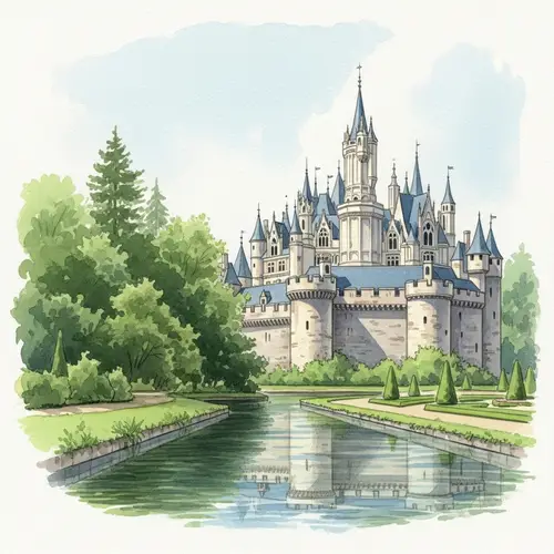 Majestic Castle Watercolor Painting - Tranquil Day Scene