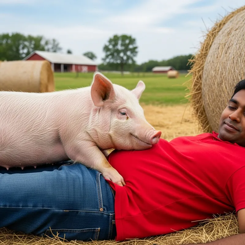 Funny Pig Jokingly Biting Belly | Charming Farm Scene