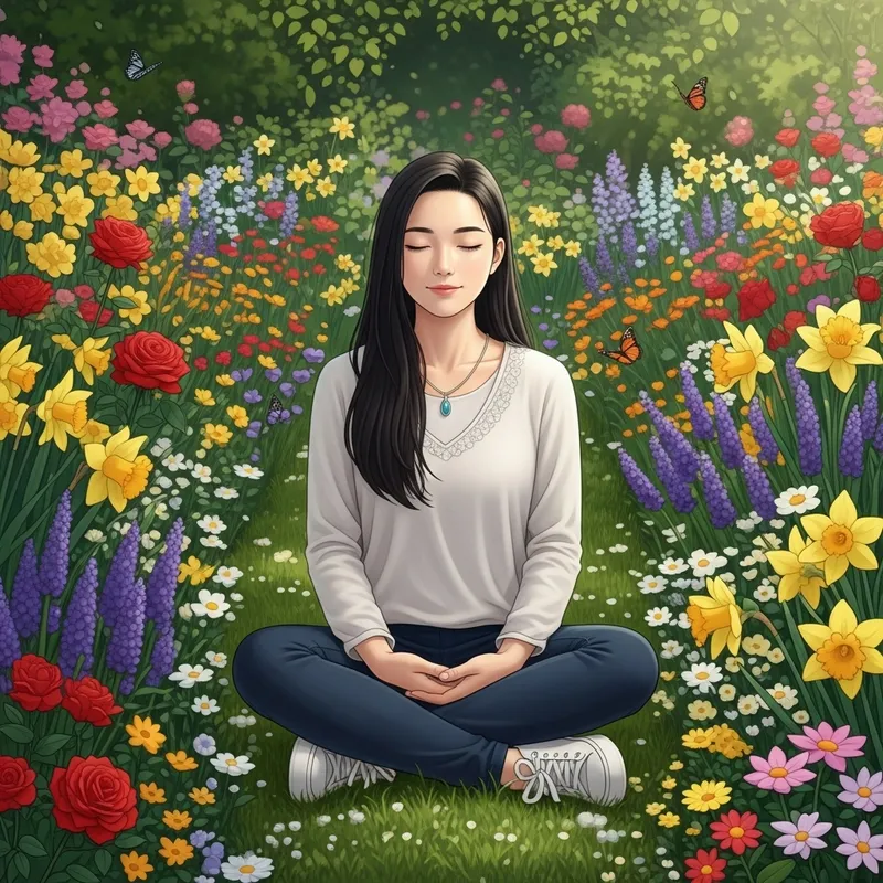 Finding Inner Peace: Girl Reflecting in Garden Sanctuary