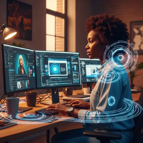 Skilled African Descent Woman Web Designer in Futuristic Office