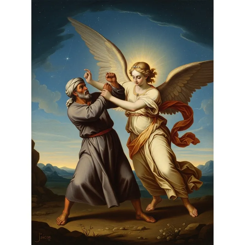 Renaissance Oil Painting of Jacob's Struggle