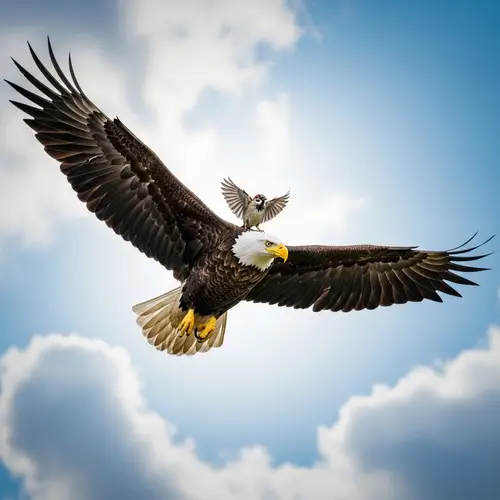 Majestic Eagle Soaring High in Azure Sky | Unusual Companionship
