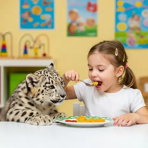 Cute Interaction: Girl Eating with Baby Snow Leopard