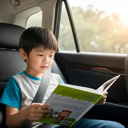 Asian Pre-Schooler Reading Book in Car | Educational Journey