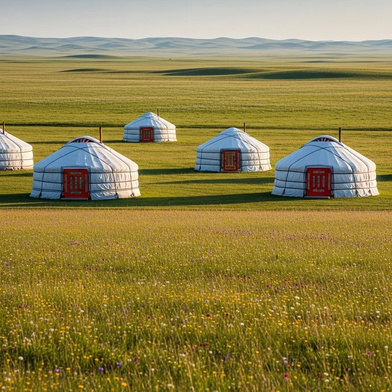 Steppe Landscape with Yurts and Wildflowers Steppe Landscape with Yurts and Wildflowers