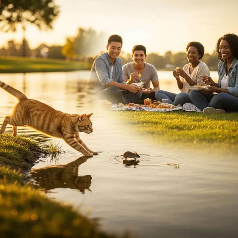Adorable Cat Chasing Mice by Lake, Lakeside Picnic Scene
